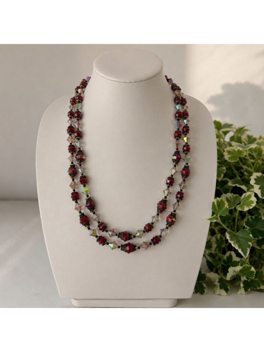 Vintage Double-Strand Red AB Crystal Beaded Necklace Gold-Tone Hook Clasp